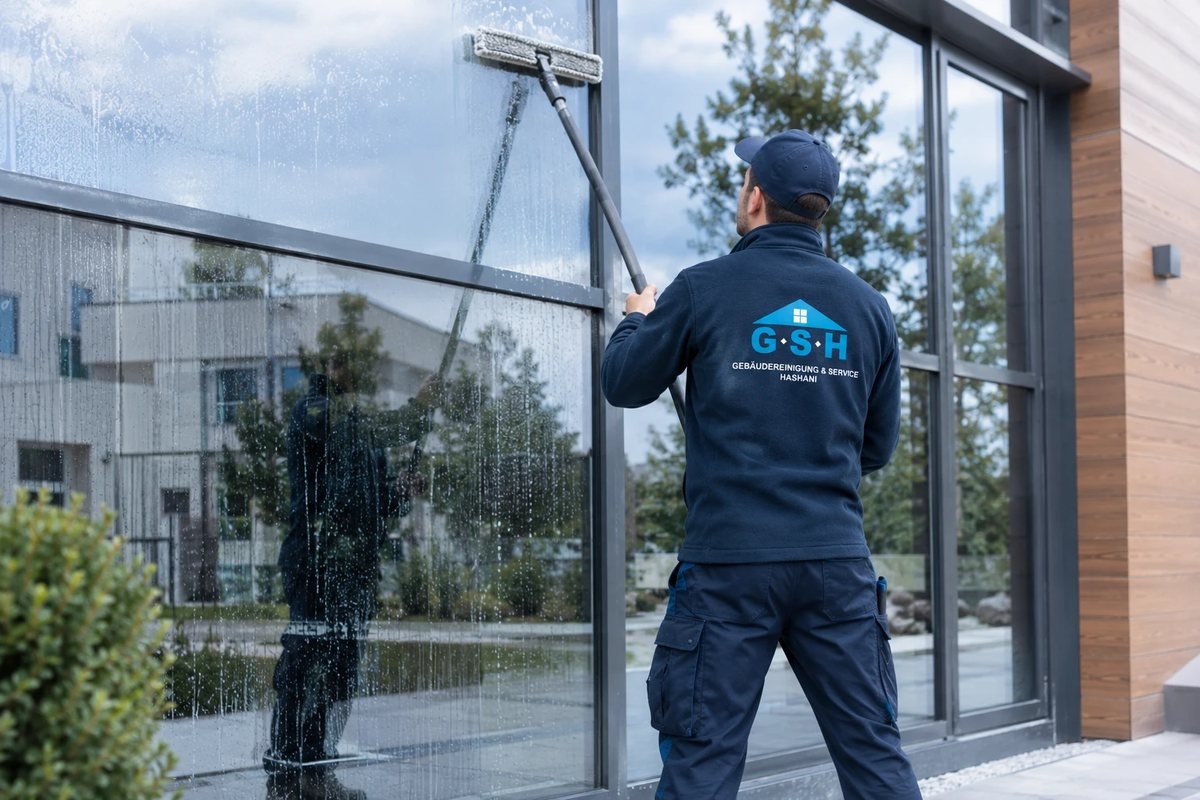 Mitarbeiter in GSH-Jacke reinigt eine große Glasfassade mit dem Fensterwischer