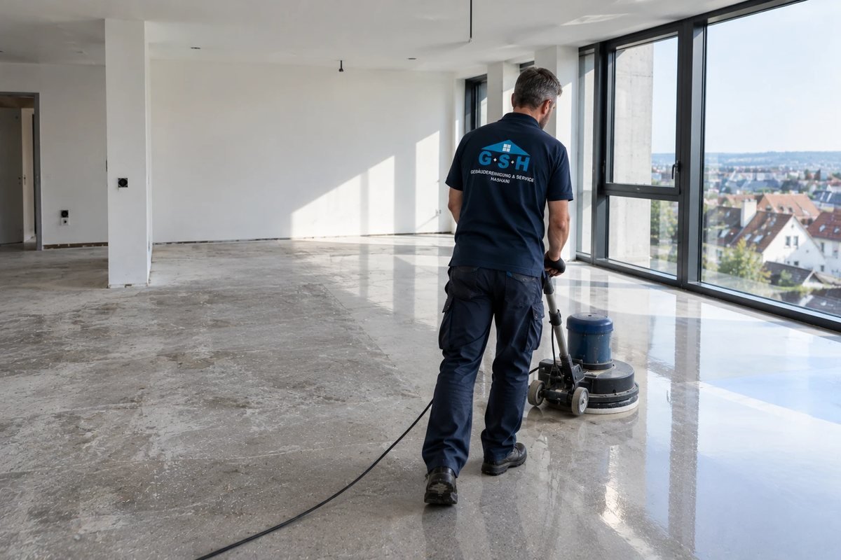 Mitarbeiter in GSH-Shirt reinigt mit der Einscheibenmaschine den Boden eines leeren Raums nach dem Umbau