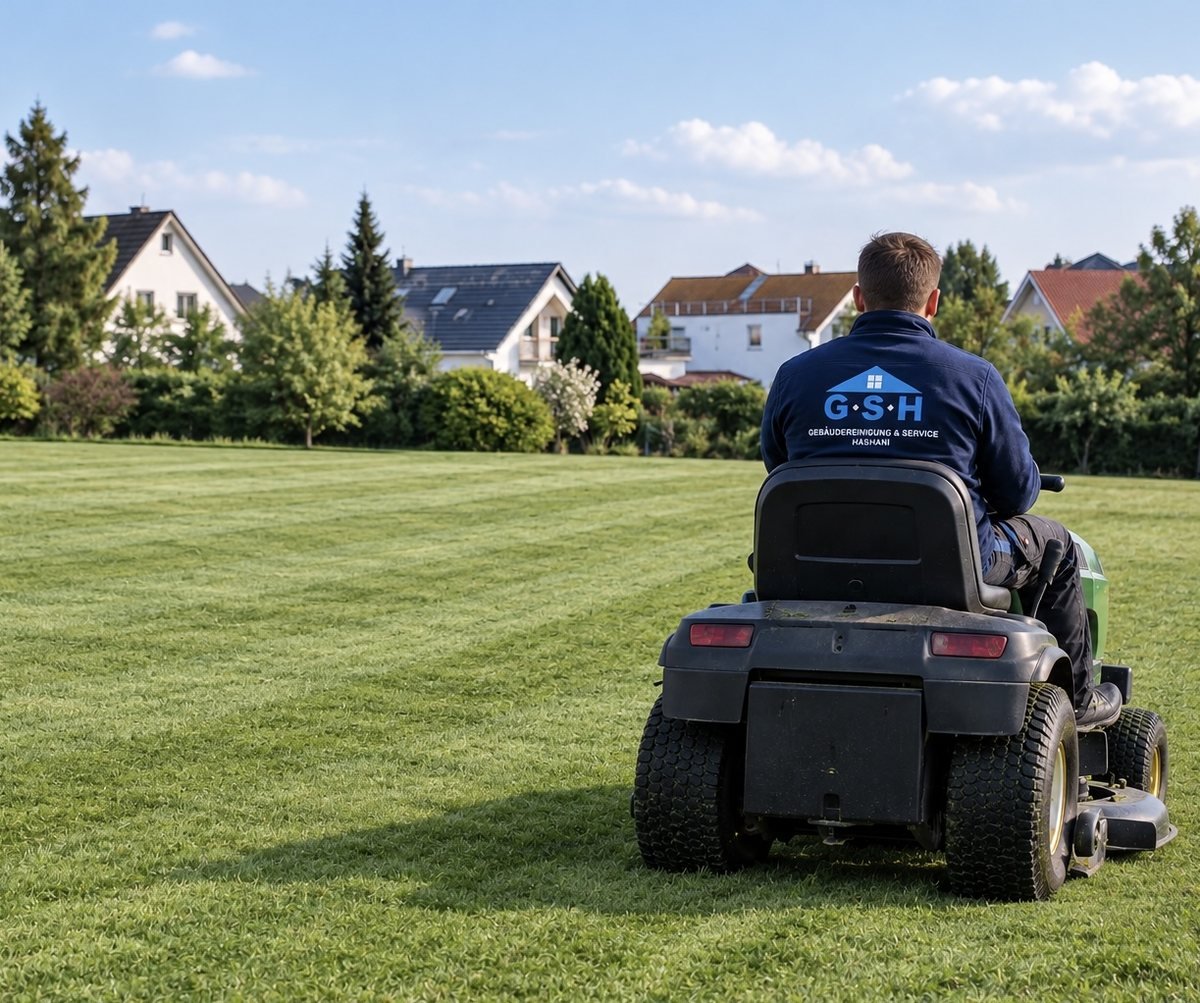Mitarbeiter in GSH-Jacke mäht mit dem Aufsitzmäher einen Rasen