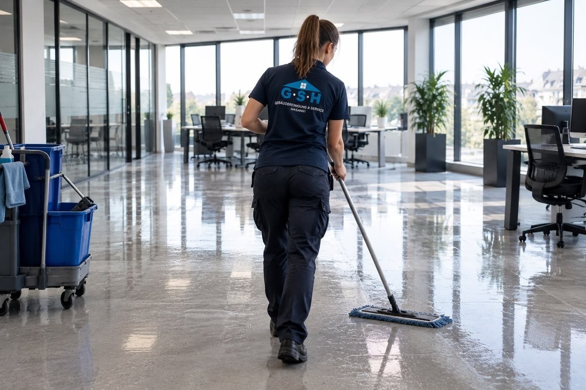 Mitarbeiterin in GSH-Shirt wischt den Boden in einem hellen Büro