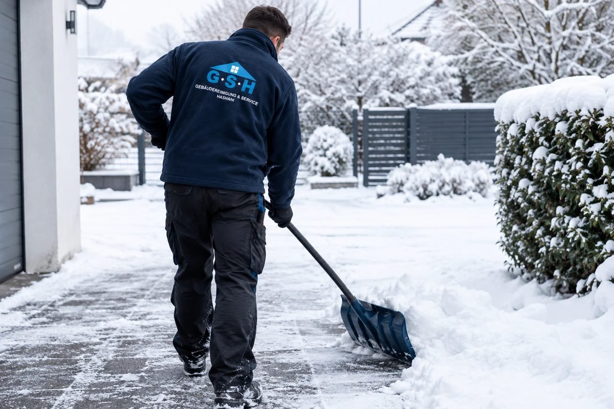 Mitarbeiter in GSH-Jacke räumt mit der Schneeschaufel einen Gehweg
